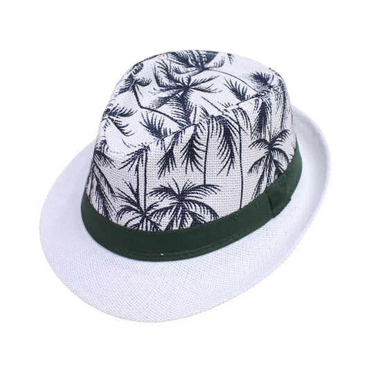 Straw Trilby Hat | Palm Tree Print - White