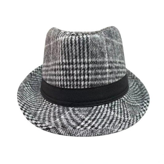 Trilby Hat | Houndstooth Plaid with Black Band – Black & White