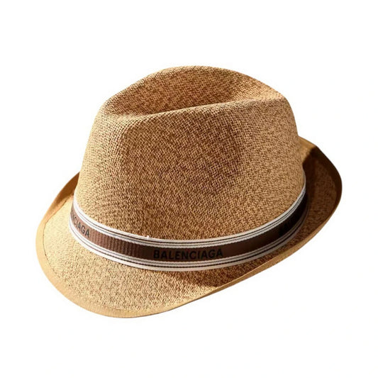 Straw Trilby Hat | Logo Ribbon Band - Camel