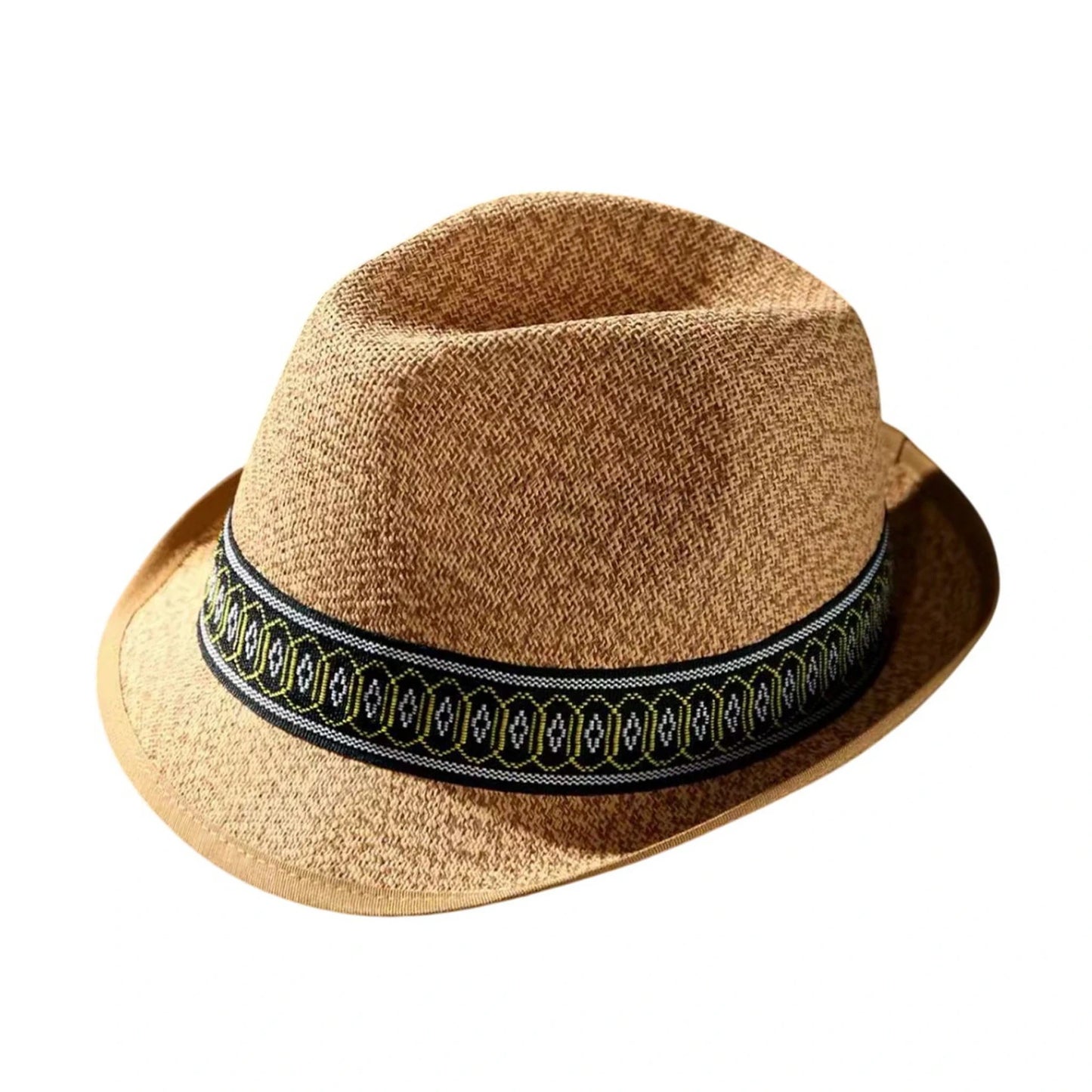 Straw Trilby Hat | Decorative Pattern Band – Camel