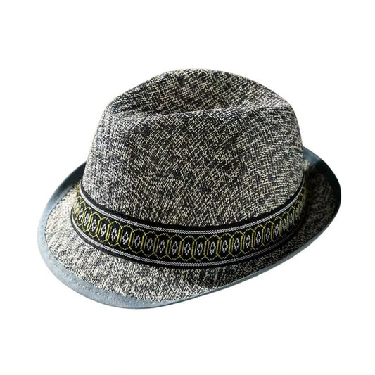 Straw Trilby Hat | Decorative Pattern Band – Grey