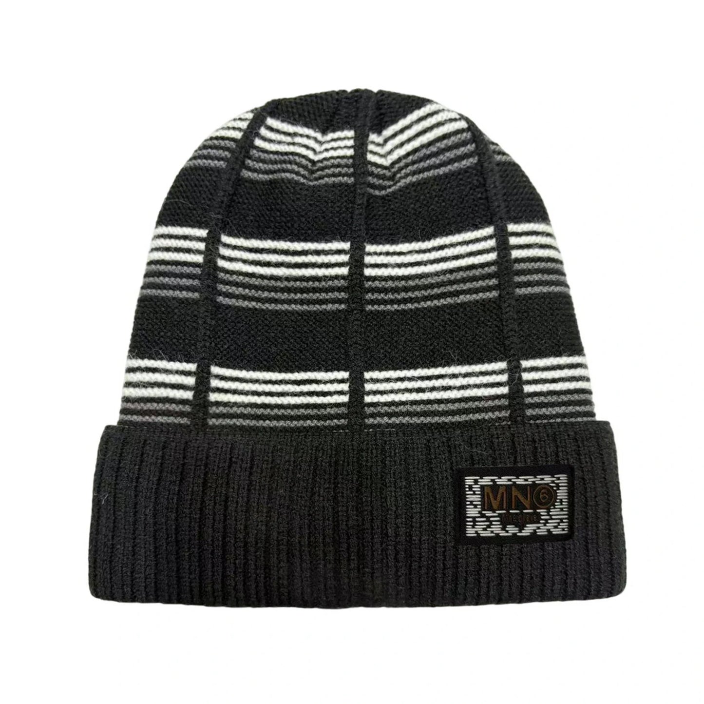 Ski Hat | Geometric Stripe Knit Cuffed Style – Black