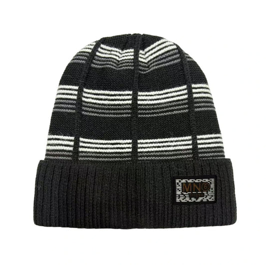 Ski Hat | Geometric Stripe Knit Cuffed Style – Black