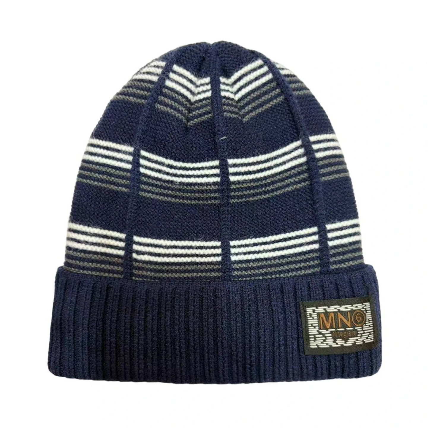 Ski Hat | Geometric Stripe Knit Cuffed Style – Navy