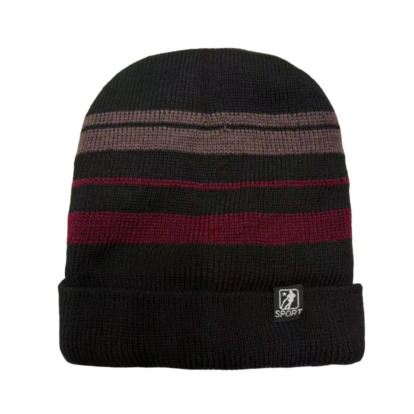 Ski Hat | Sport Stripe Knit Cuffed Style – Black & Burgundy