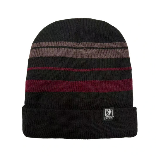 Ski Hat | Sport Stripe Knit Cuffed Style – Black & Burgundy