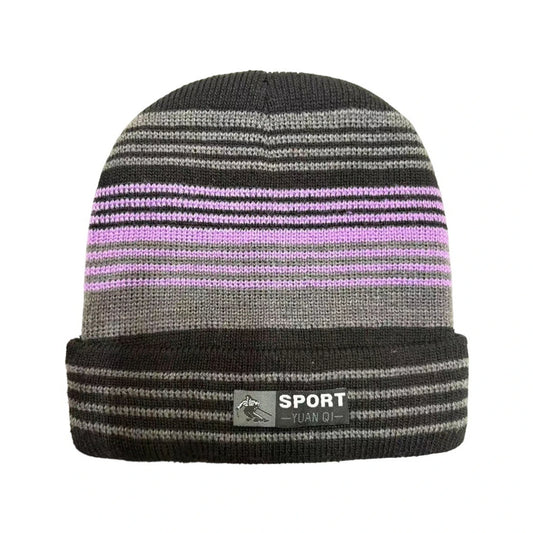 Ski Hat | Thin Stripe Knit Cuffed Style – Grey & Pink