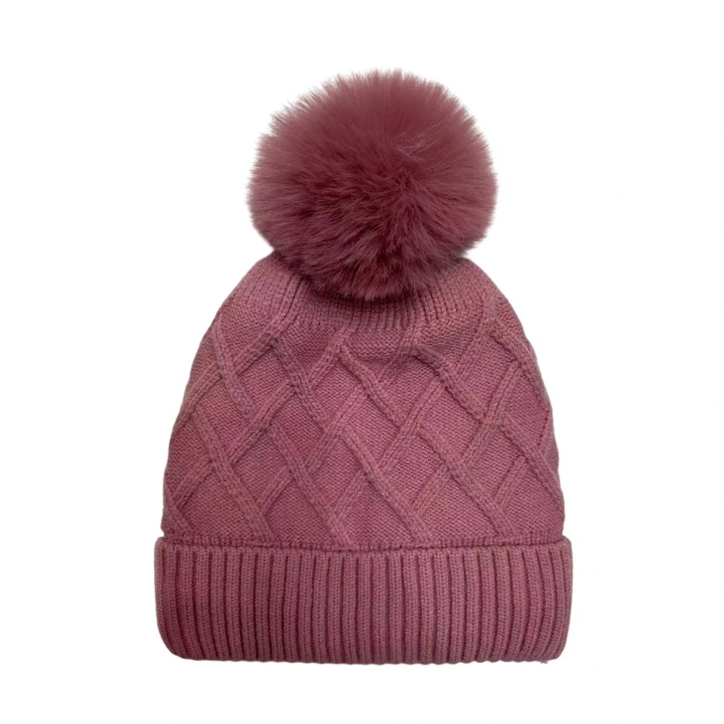 Fashion Bobble Hat | Diamond Knit Pom-Pom Design – Rose Pink