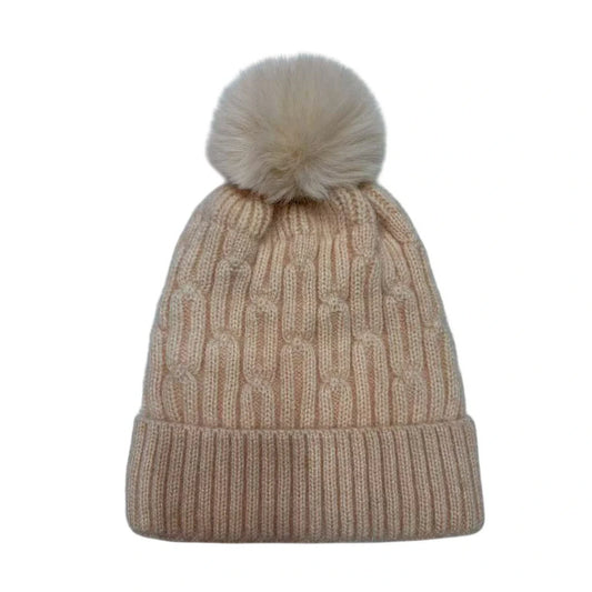 Fashion Bobble Hat | Ribbed Knit Pom-Pom Design – Beige