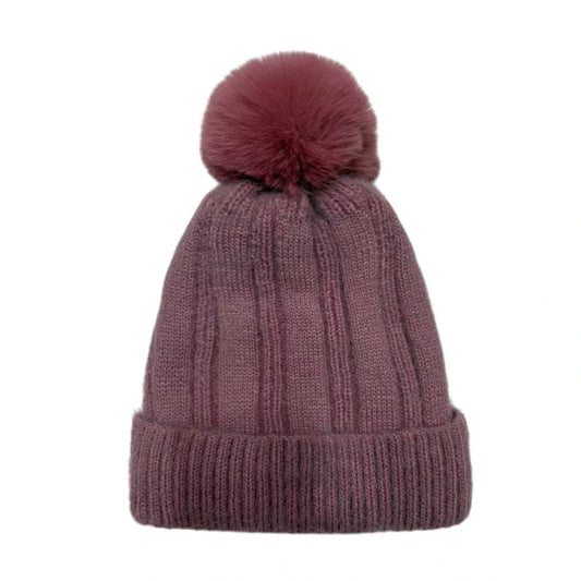 Fashion Bobble Hat | Ribbed Knit Pom-Pom Style – Mauve