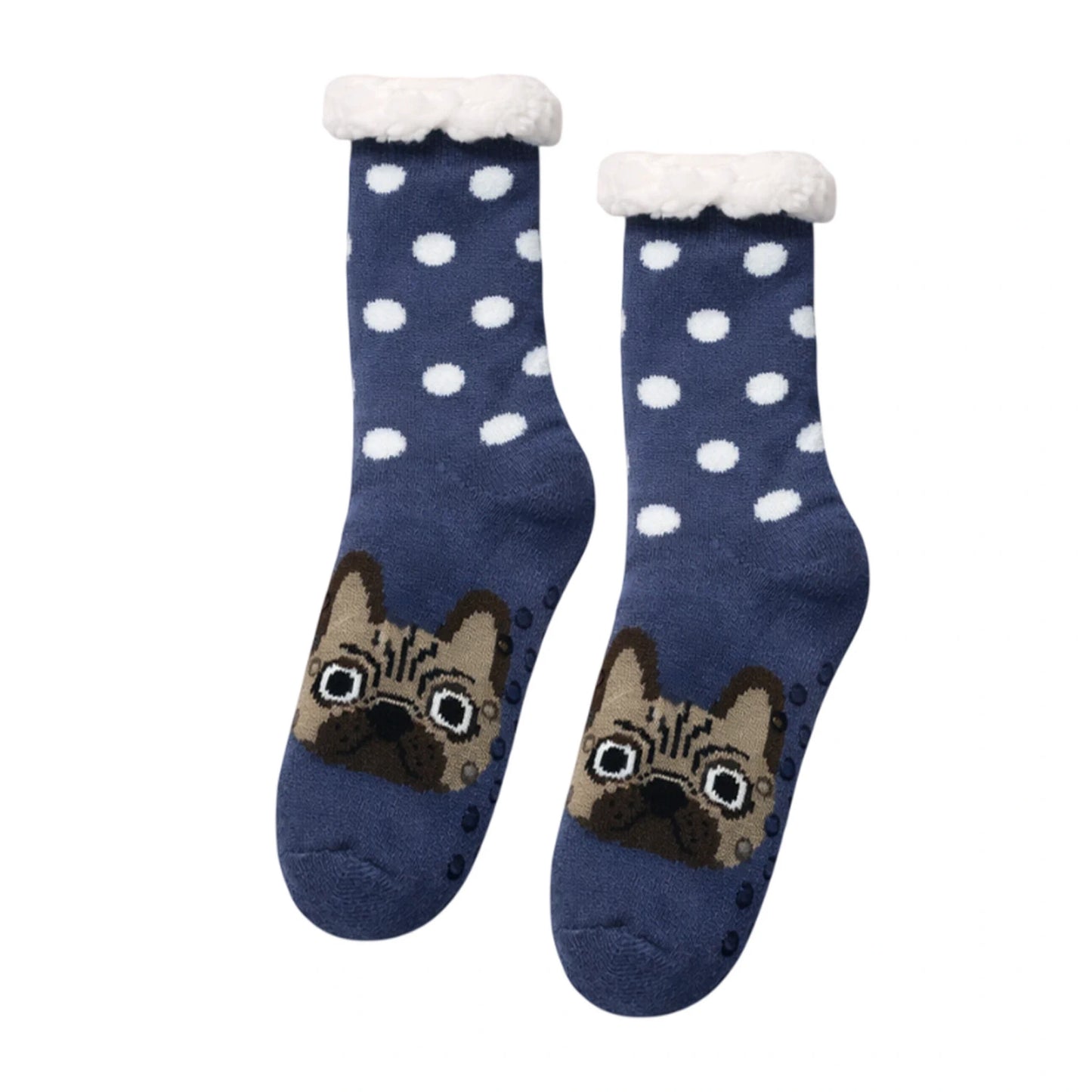 Slipper Socks | Sherpa Lined French Bulldog Polka Dot Design – Navy