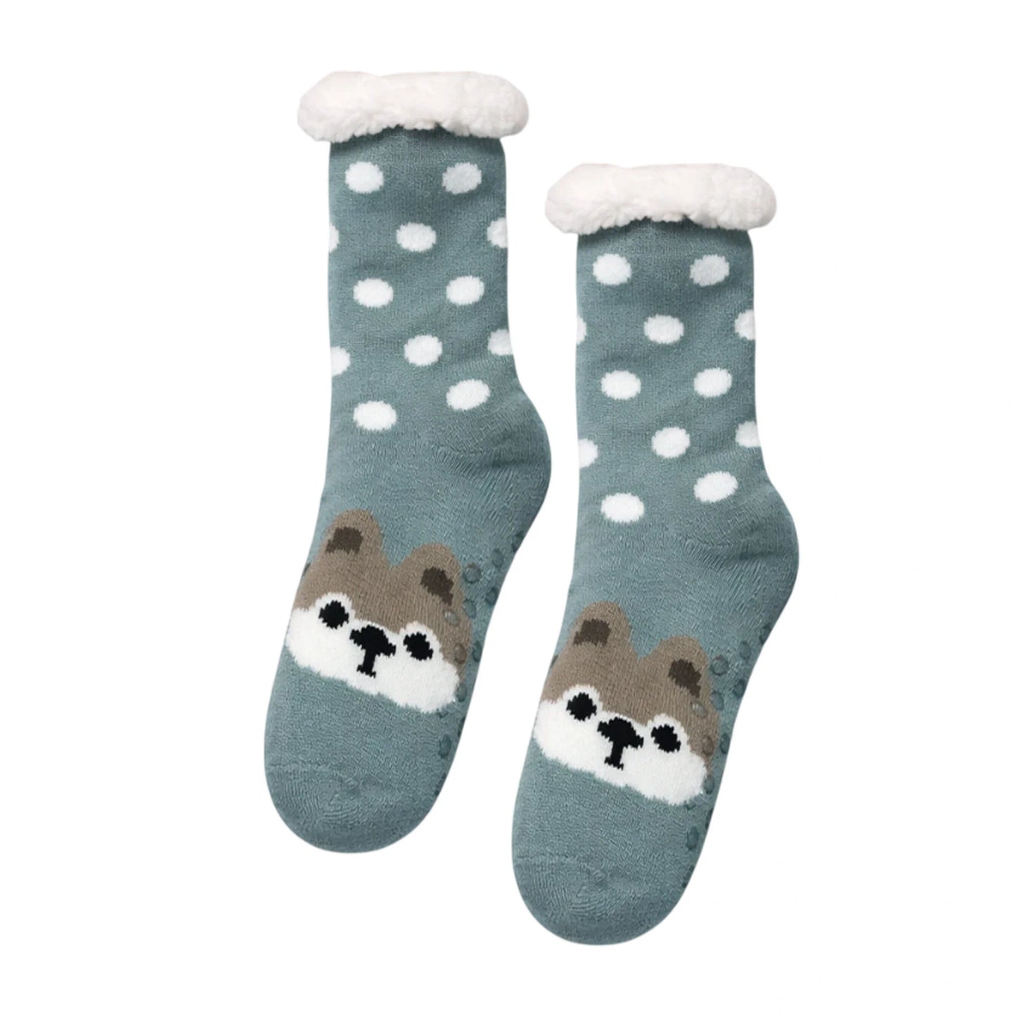 Slipper Socks | Sherpa Lined Bear Polka Dot Design – Sage Green