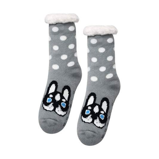 Slipper Socks | Sherpa Lined French Bulldog Polka Dot Design – Grey