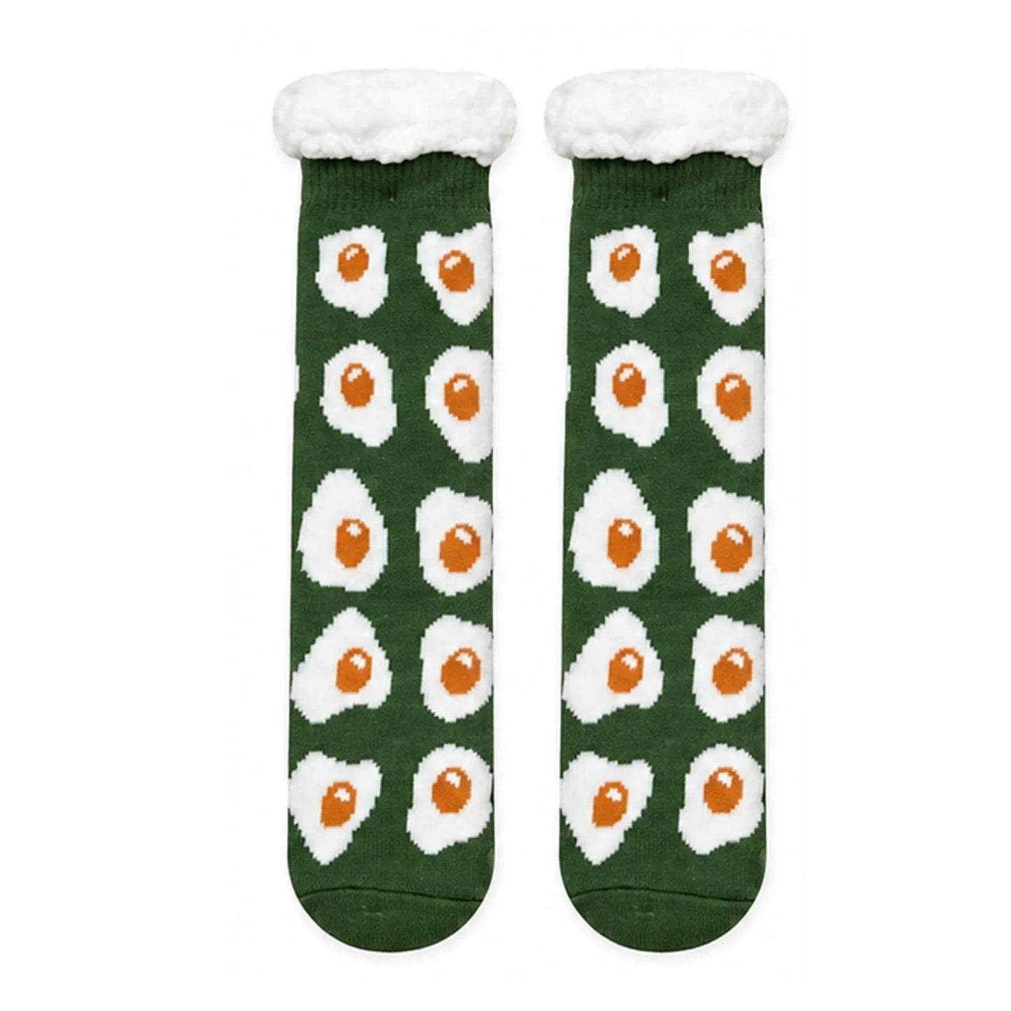 Slipper Socks | Sherpa Lined Fried Egg Pattern – Forest Green
