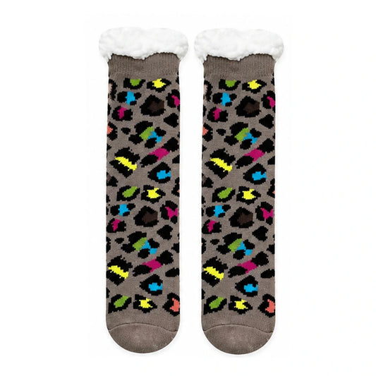 Slipper Socks | Sherpa Lined Colourful Leopard Print – Taupe