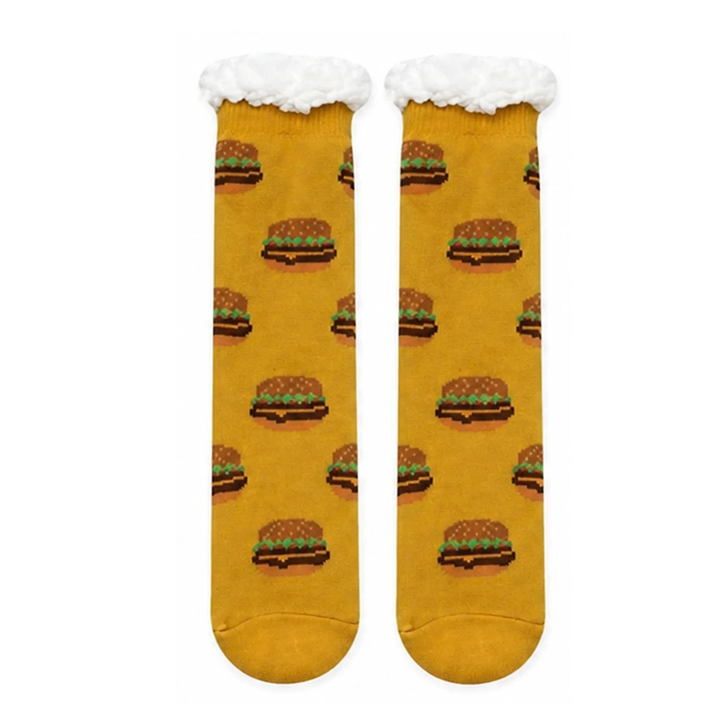 Slipper Socks | Sherpa Lined Hamburger Pattern – Mustard Yellow