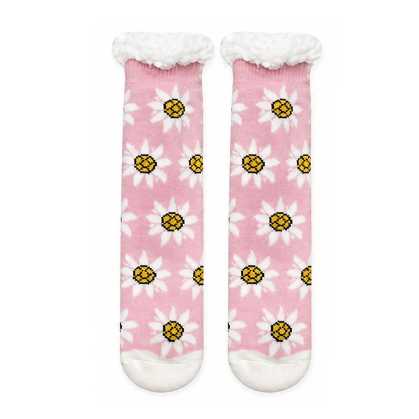 Slipper Socks | Sherpa Lined Daisy Pattern – Pink