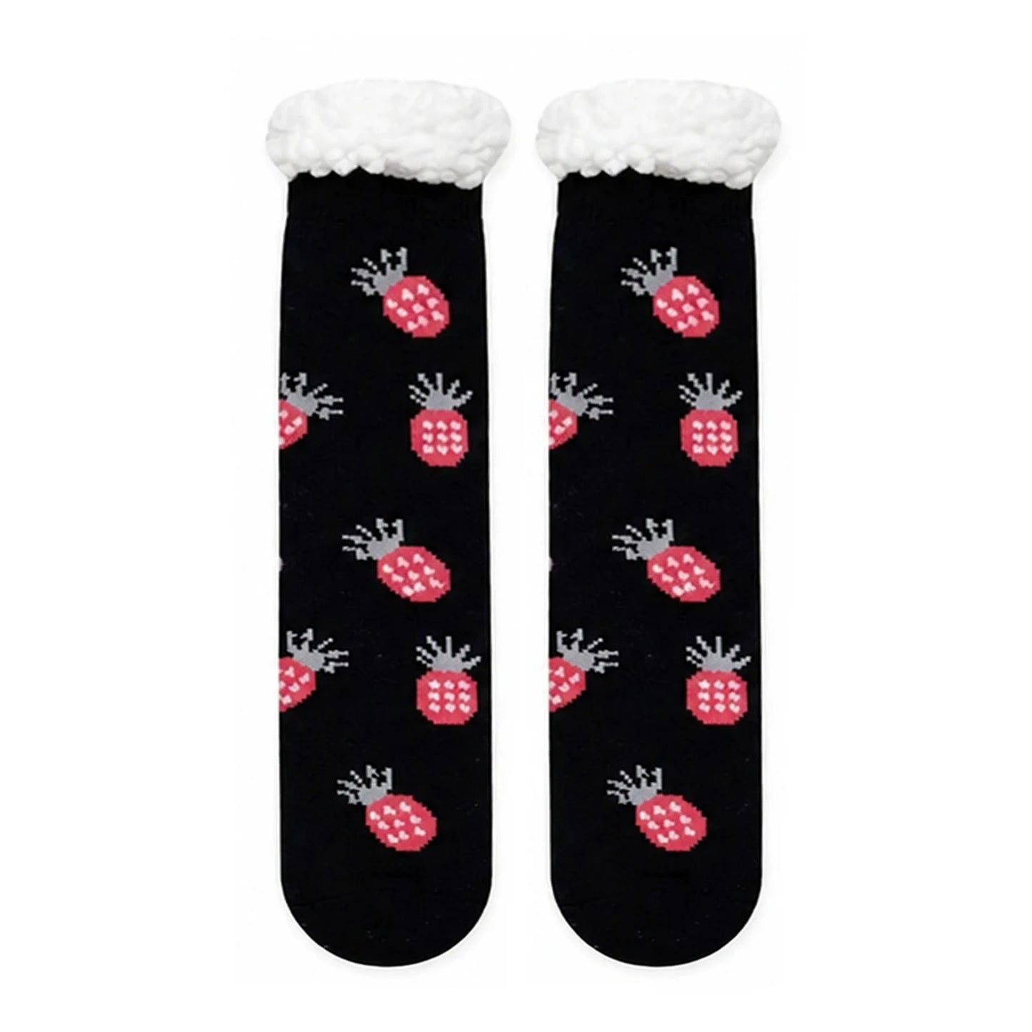 Slipper Socks | Sherpa Lined Strawberry Pattern – Black