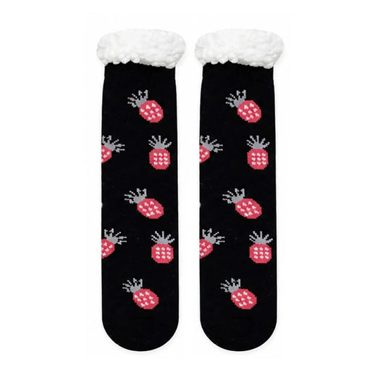 Slipper Socks | Sherpa Lined Strawberry Pattern – Black
