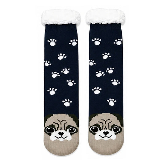 Slipper Socks | Sherpa Lined Pug Paw Print – Navy
