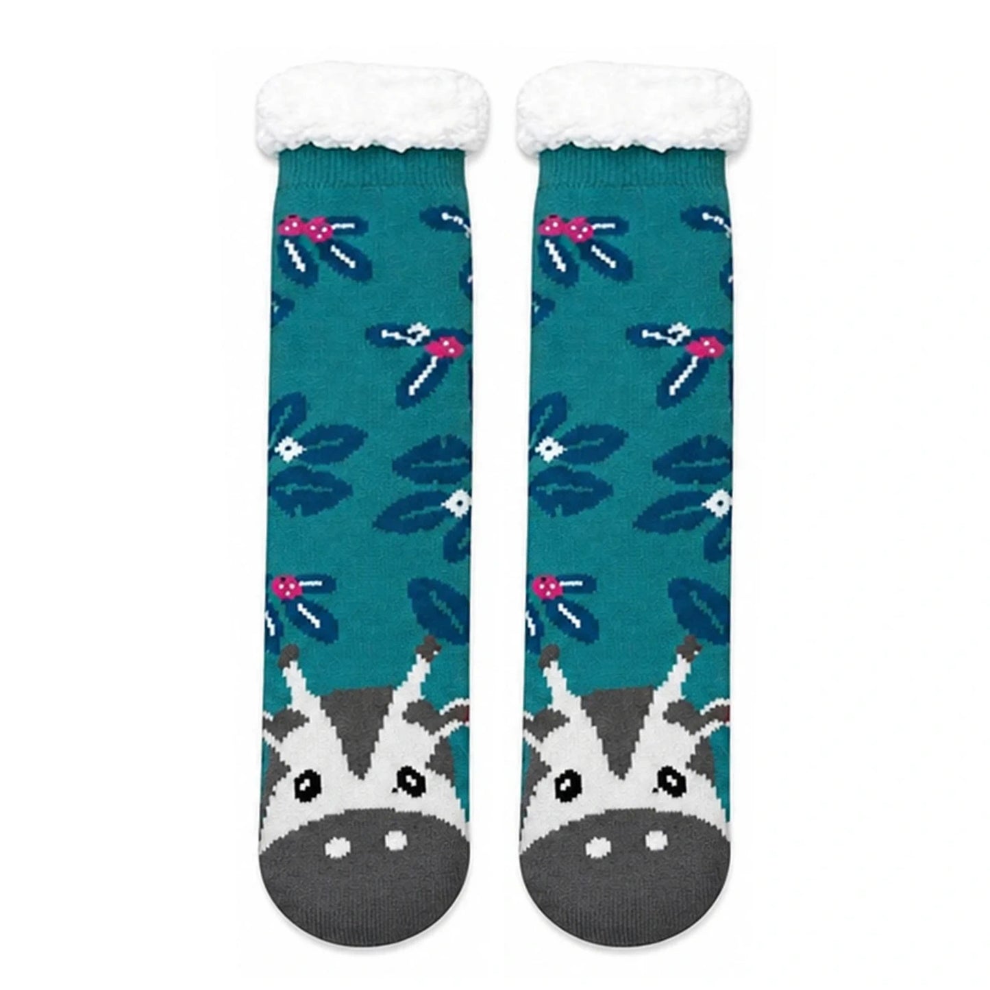 Slipper Socks | Sherpa Lined Cow & Holly Pattern – Teal