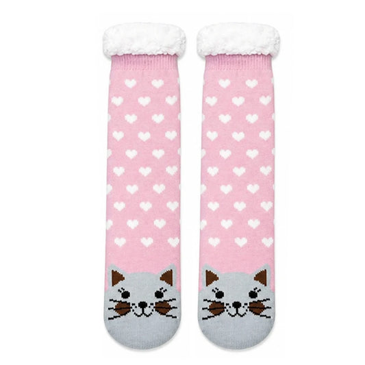 Slipper Socks | Sherpa Lined Cat Heart Pattern – Pink