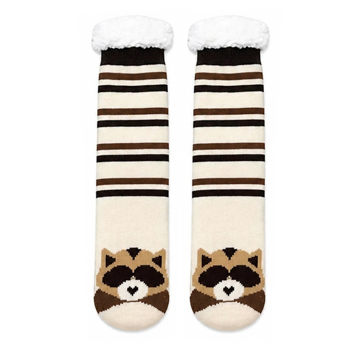 Slipper Socks | Sherpa Lined Raccoon Stripe Pattern – Cream