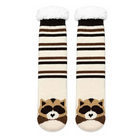 Slipper Socks | Sherpa Lined Raccoon Stripe Pattern – Cream