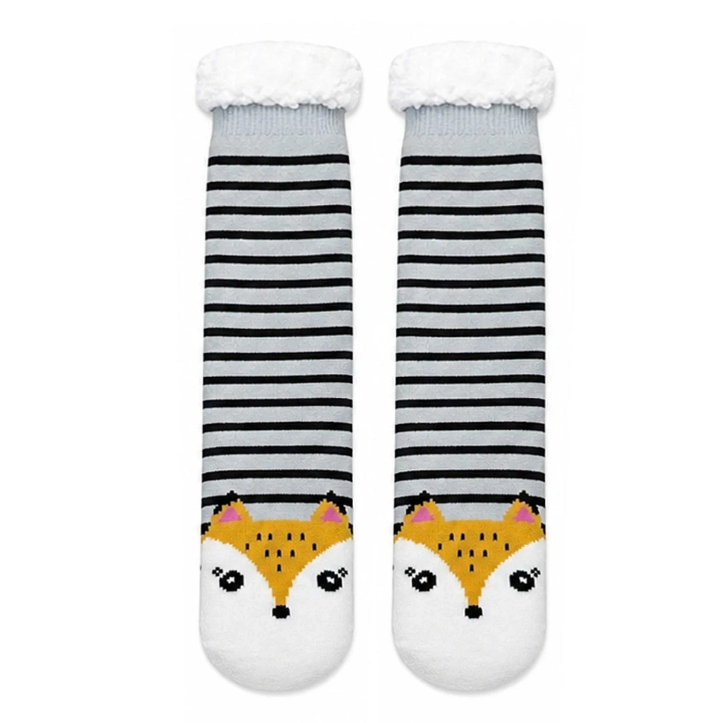 Slipper Socks | Sherpa Lined Fox Stripe Pattern – Grey