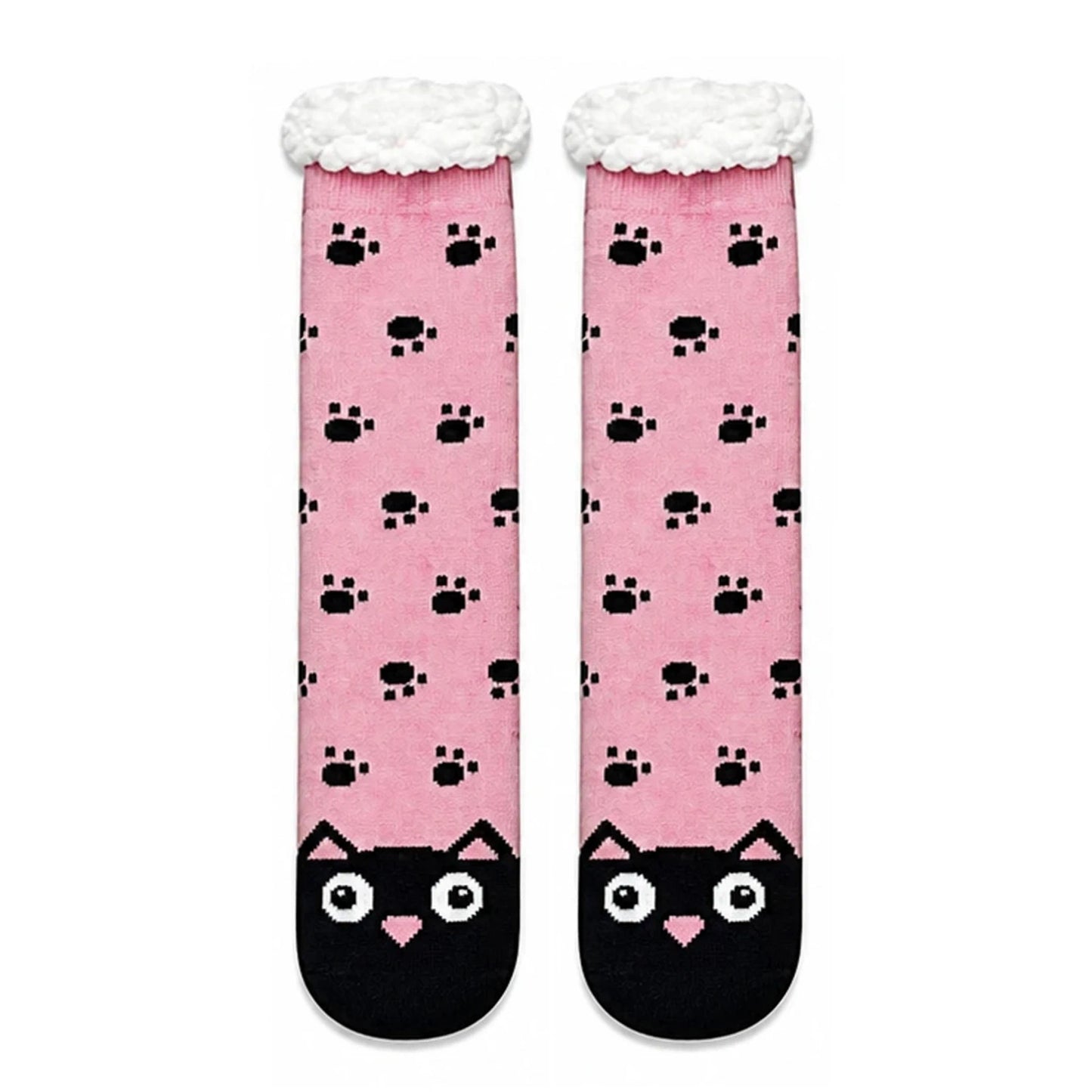 Slipper Socks | Sherpa Lined Black Cat Paw Print – Pink