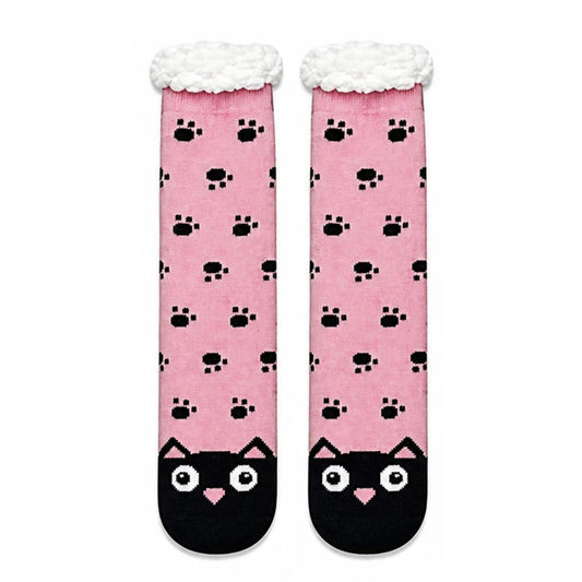 Slipper Socks | Sherpa Lined Black Cat Paw Print – Pink