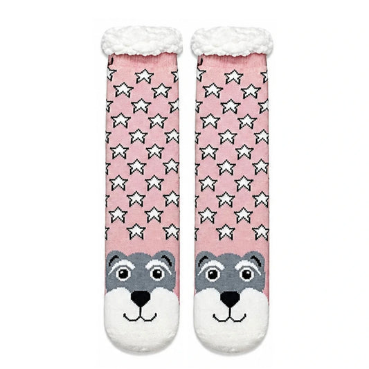 Slipper Socks | Sherpa Lined Schnauzer Star Pattern – Pink