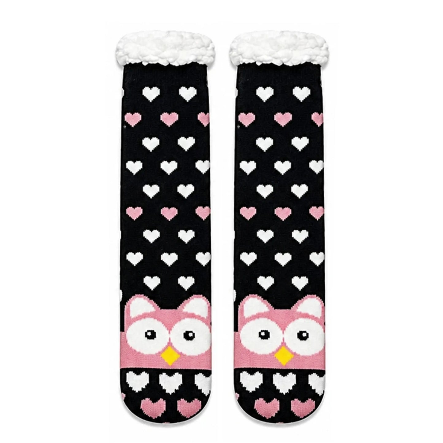 Slipper Socks | Sherpa Lined Owl & Heart Pattern – Black