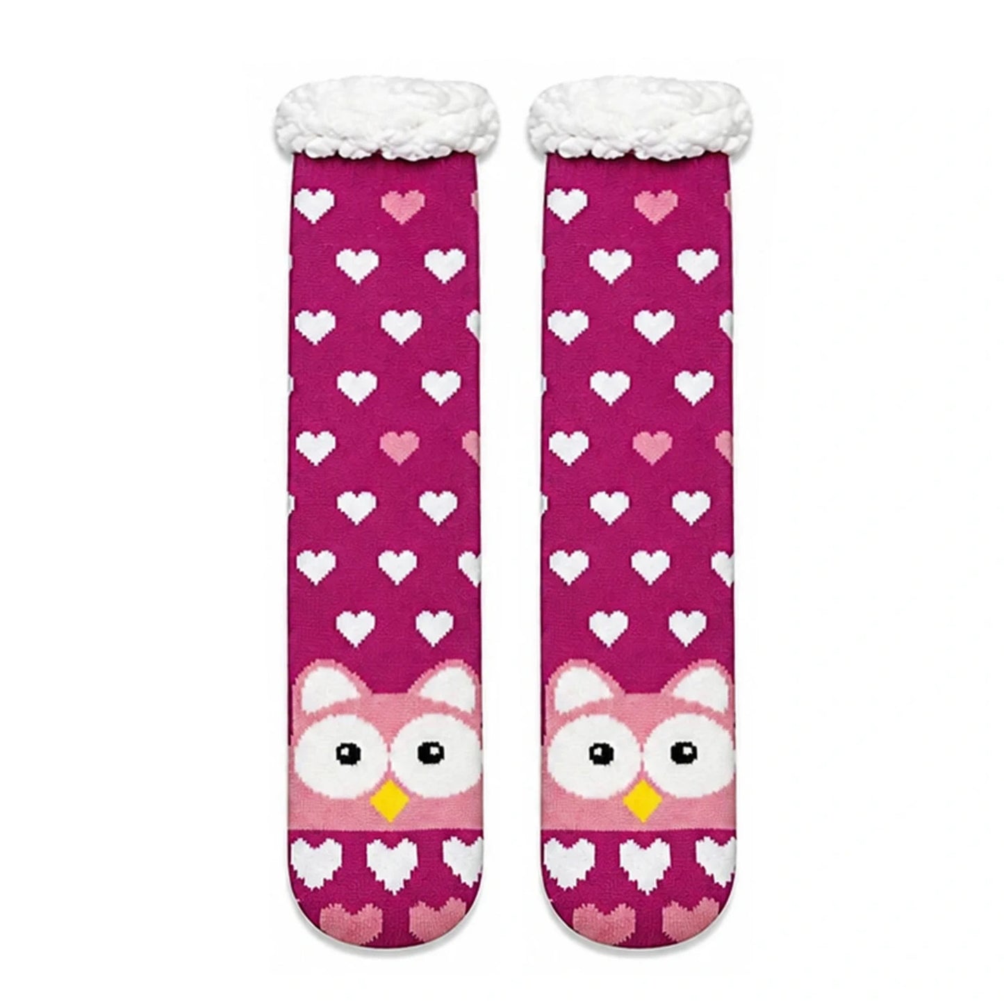 Slipper Socks | Sherpa Lined Owl & Heart Pattern – Fuchsia