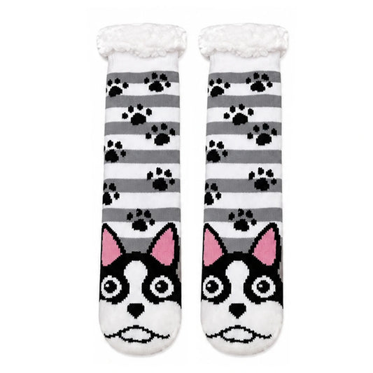 Slipper Socks | Sherpa Lined Puppy Paw Print – Grey Stripe