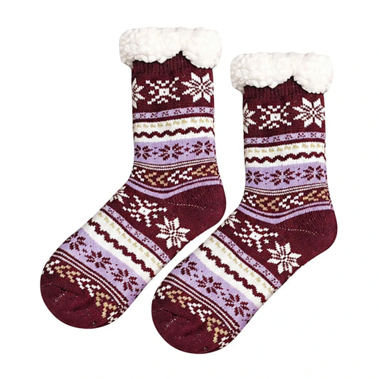 Slipper Socks | Sherpa Lined Fair Isle Snowflake – Burgundy