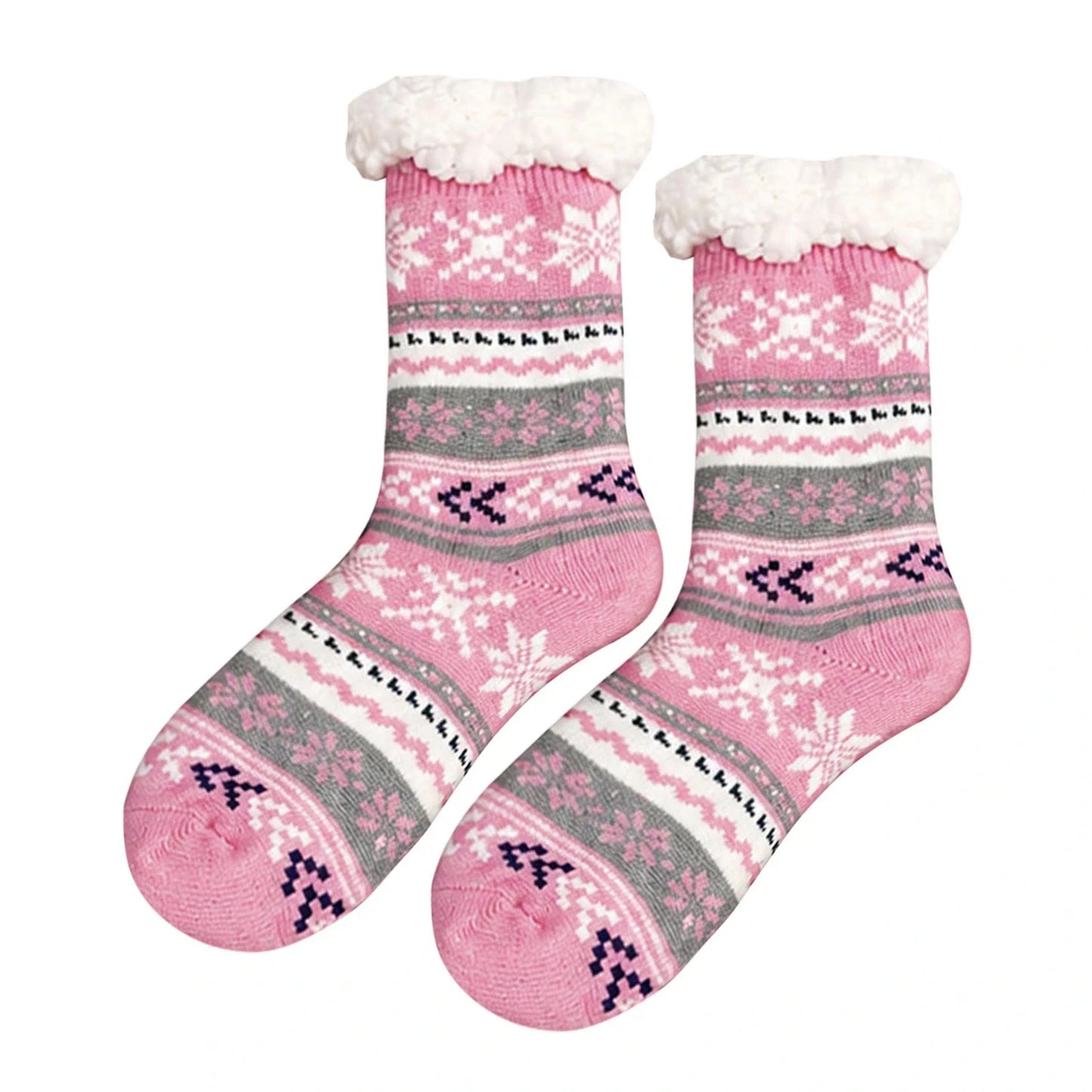 Slipper Socks | Sherpa Lined Fair Isle Snowflake – Pink