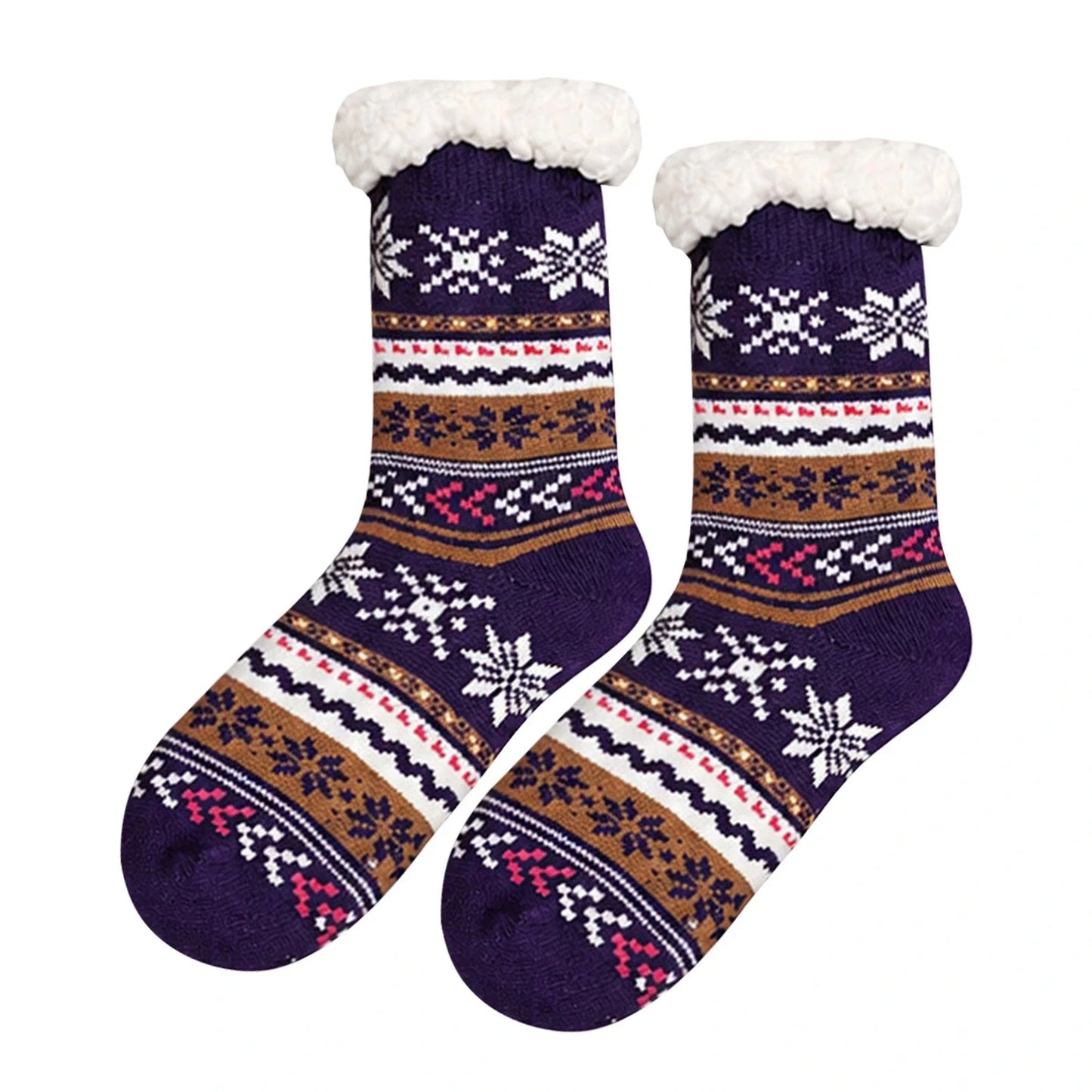 Slipper Socks | Sherpa Lined Fair Isle Snowflake – Purple