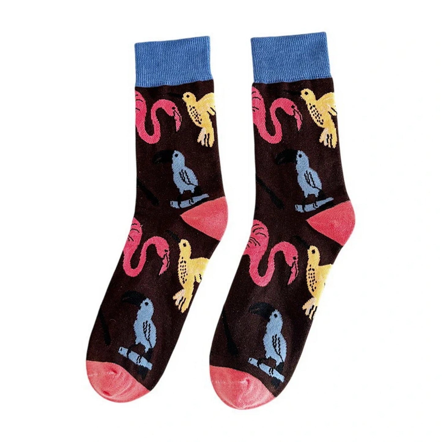Ladies Socks | Flamingo & Tropical Birds Pattern – Black & Blue