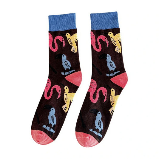 Ladies Socks | Flamingo & Tropical Birds Pattern – Black & Blue