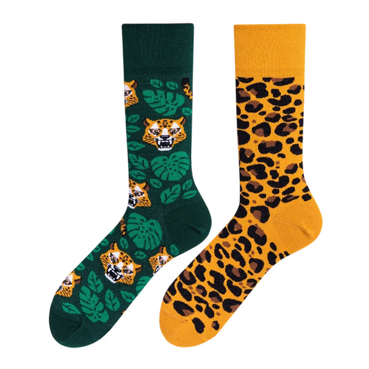 Ladies Socks | Tiger & Leopard Print Mismatched Design – Green & Mustard