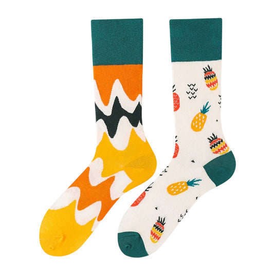 Ladies Socks | Mismatched Abstract & Pineapple Pattern – Green & Yellow