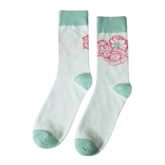 Ladies Socks | Elegant Peony Floral Pattern – Mint Green