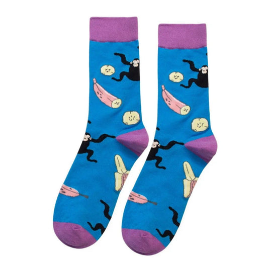 Ladies Socks | Fun Monkey & Banana Pattern – Blue