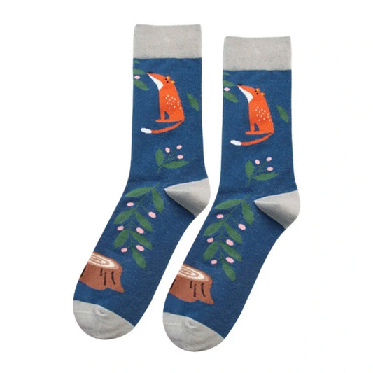 Ladies Socks | Cute Fox & Forest Pattern – Navy Blue