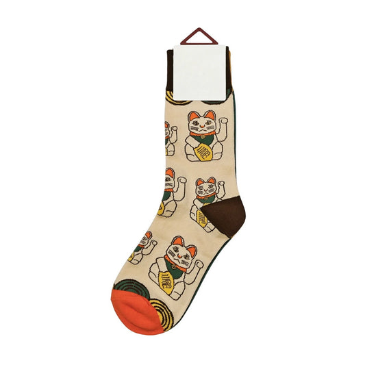 Ladies Socks | Lucky Cat Pattern - Beige