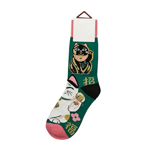 Ladies Socks | Lucky Cat Pattern - Green