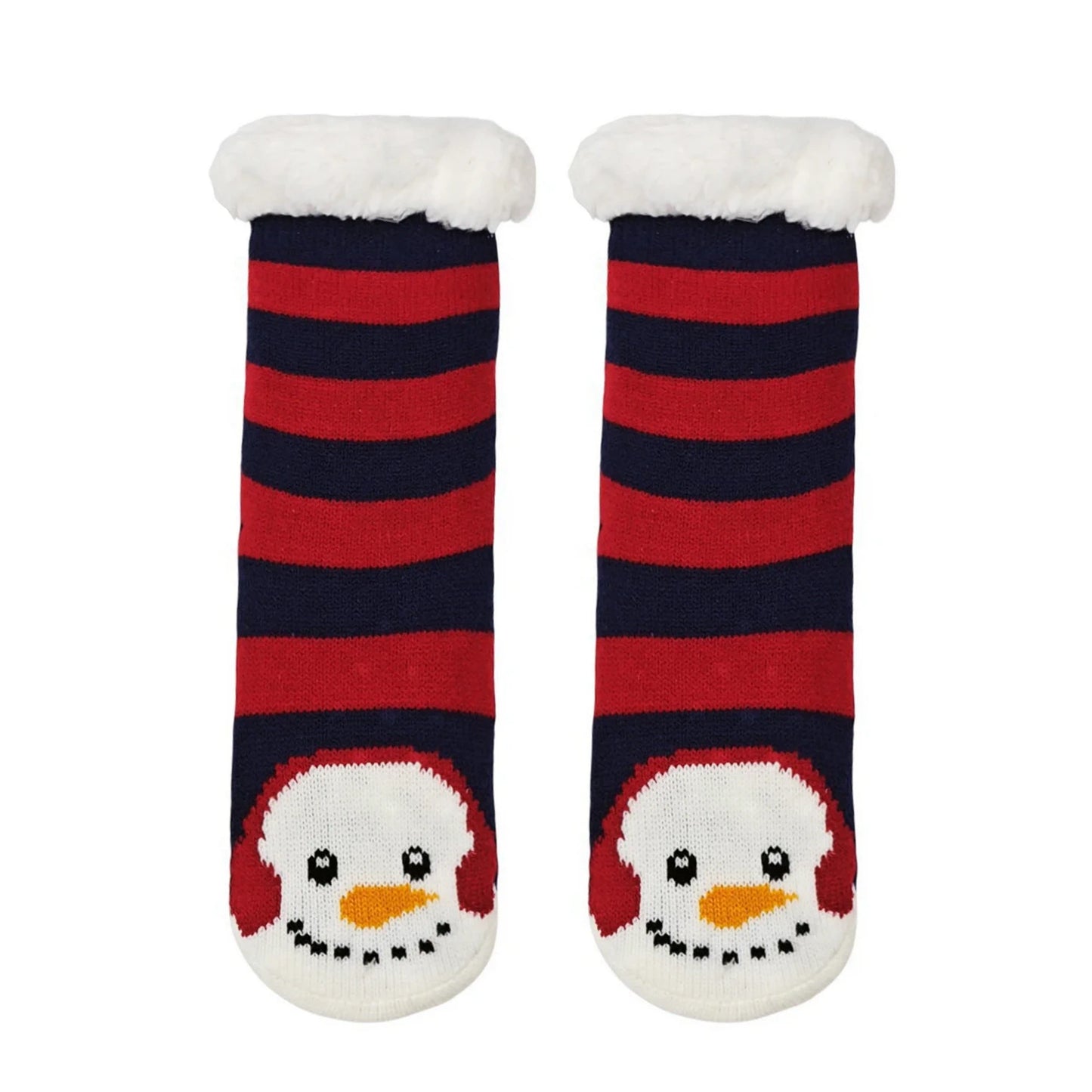 Slipper Socks | Striped Snowman for Kids – Navy & Red