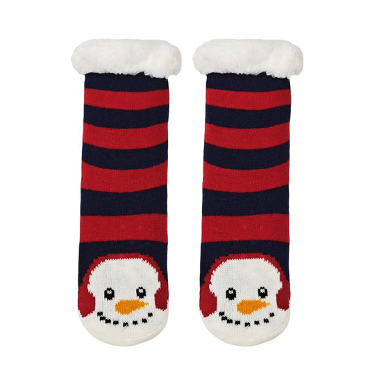 Slipper Socks | Striped Snowman for Kids – Navy & Red