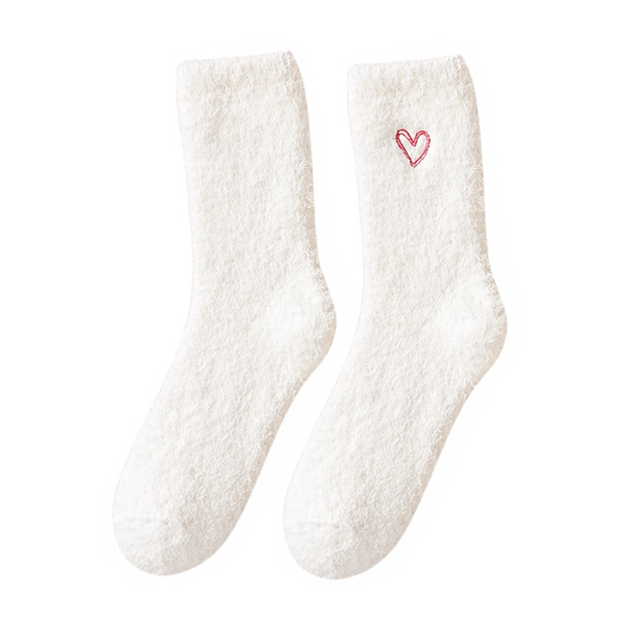Ladies Socks | Fluffy Heart Embroidered Socks - White